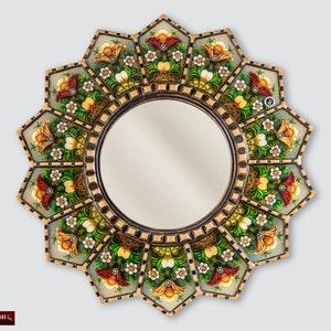 Peruvian Luxury Round Mirror 23.6", Wall hanging Round Mirrors, Vintage Accent Round Mirror for wall decor, Antiqued gold wood framed mirror