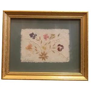 Vtg Framed Dried Pressed Wild Flowers Signed Wall Art Picture Gold Frame 8x10