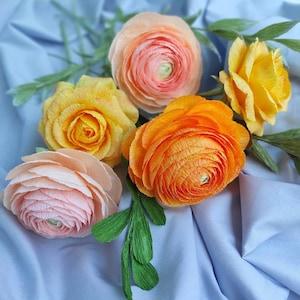 Fall paper flower bouquet gift for sister, Bright ranunculus and roses bouquet housewarming gift, Artificial flowers for home decoration