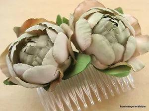 Double Beige Brown Ranunculus Silk Flower Hair Comb, Wedding.Prom,Dance,Party