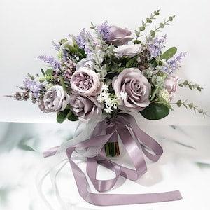 Purple Artificial Faux Roses Lavender Bridal Wedding Bouquet, Bridesmaid Corsage ,Groom Bestman Boutonniere