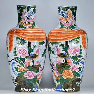 22" Qianlong Famille Rose Porcelain Phoenix Bird Peony Flower Bottle Vase Pair