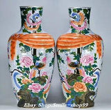 22" Qianlong Famille Rose Porcelain Phoenix Bird Peony Flower Bottle Vase Pair