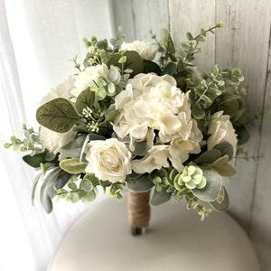 Boho wedding bouquet, READY TO SHIP hydrangea premium white roses & greenery bridal bouquet, wedding bouquet, eucalyptus