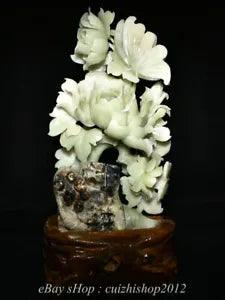 18" China Natural Xiu Jade Carving Feng Shui Peony Flower Peach Luck Sculpture