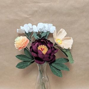 Paper Flowers Bouquet Burgundy, Coral and White Posy - Peony, Icelandic Poppy, Ranunculus & Sweet Peas