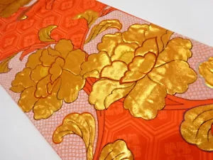 6728352: JAPANESE KIMONO / ANTIQUE FUKURO OBI / WOVEN PEONY & RHOMBUS FLOWER