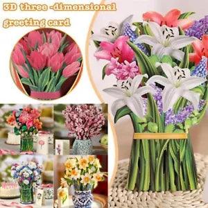 3D pop-up flower bouquet greeting card with pink and white blossoms in green stems