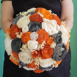 Orange and Grey Sola Wood Flower Bouquet, Fall Bouquet, Harvest Bouquet
