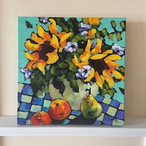 Sunflower painting. Pears and oranges sunflower painting. Still life painting