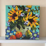 Sunflower painting. Pears and oranges sunflower painting. Still life painting