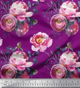 Soimoi Purple Velvet Fabric Peony And Ranunculus Floral Fabric Prints-D2b