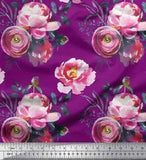 Soimoi Purple Velvet Fabric Peony And Ranunculus Floral Fabric Prints-D2b