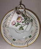 Vintage Denmark Handpainted Tea Cup & Reticulated Saucer Ranunculus Flower 1974