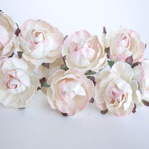 Paper flower, paper supplies, DIY making, English  peony Ranunculus roses 25 pcs., size 3.5 cm., pale pink brush white color.
