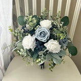 Boho wedding bouquet, dusty blue, white roses & navy babies breath greenery bridal bouquet, eucalyptus sage bridesmaid flowers, boutonni¡§¡§res