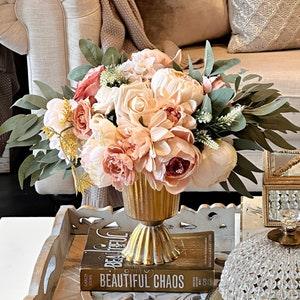 Fall centerpiece of cream & peach Peonies with eucalyptus leaves in tall gold iron vase, Faux silk flowers, artificial floral arrangement