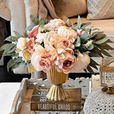 Fall centerpiece of cream & peach Peonies with eucalyptus leaves in tall gold iron vase, Faux silk flowers, artificial floral arrangement