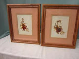 Pair of Pictures Dried Flowers Red Yellow Brown Handcrafted Peach Mat Framed