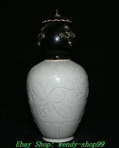 12"Old Chinese Song Dynasty Ding Kiln Porcelain Peony Flower Pattern Bottle Vase