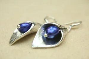 Dangle Earrings Arum Lily Flower & Bright Blue Baroque Pearl Drop Tibetan Silver