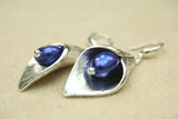 Dangle Earrings Arum Lily Flower & Bright Blue Baroque Pearl Drop Tibetan Silver