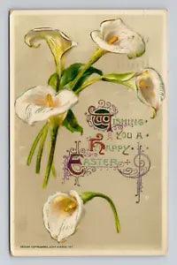 Postcard Easter Greeting with White Calla Lily Flowers, Winsch Antique D19