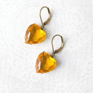 Yellow Earrings Topaz Heart Earrings Golden Honey Vintage Glass Drop Valentines Day Sunflower Yellow Rhinestone Dangle Earrings
