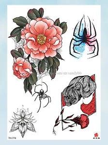 spider sexy girl peony flower large 8.25" temporary tattoo cute little tattoos