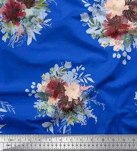 Soimoi Blue Cotton Poplin Fabric Leaves & Peony Floral Print Fabric-yvb