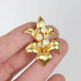 Swarovski Signed Gold Tone Crystal Faux Pearl Lily Mini Brooch Pin