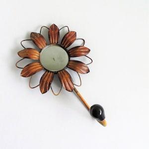 Vintage wall hook, Metal flower with mirror center, Bamboo hook, Flower power mid 80s wall d??cor, Shabby cottage core
