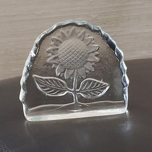 Lead Crystal Paper Weight with Sunflower, Etched Sunflower Glass Paperweight 3.25 Inches Tall , Reverse Embossed sunflower, New