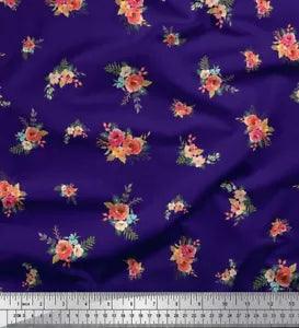 Soimoi Purple Velvet Fabric Leaves & Peony Floral Print Fabric by-V2Q