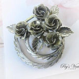 Vintage Silver Tone Coro Rose Brooch / Pin, Flower Bouquet Wreath Pin