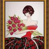 Finished Complete Cross Stitch/ Girl with a bouquet roses / Cross stitch finished/ Wall hang d¡§?cor/ Handmade cross-stitch picture