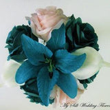 Teal Roses Mini Bouquet, Dark Turquoise Mini Bouquet, Teal, Blush & White Bouquet, Toss Bouquet