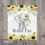 Baby Girl Sunflower Blanket, Personalized Baby Name, Sunflower Elephant Blanket, Girl Baby Blanket, Floral Elephant, Custom Name Baby Gift