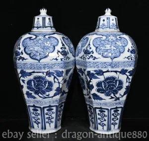 15.2??? Old China Yuan Dynasty Blue White Porcelain Peony Flower Plum Vase Pair