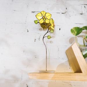 3D stained glass orchid flower Table decor Botanical art Leaves plant suncatcher