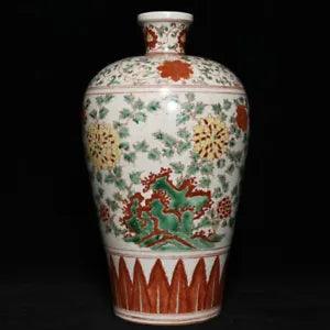 13.8" China old ming dynasty porcelain wanli mark wucai peony flowers plant vase