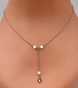 925 Silver Y Drop Necklace Genuine Rice Pearl Tiny Glass Calla Lily Death Flower
