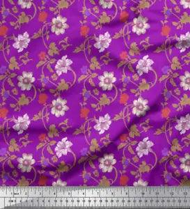 Soimoi Velvet Fabric Leaves & Lily Floral Fabric Prints By metre-n3a