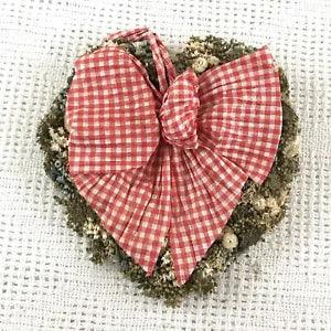 Vintage Cottagecore Real Dried Flower Heart Shaped Wreath Red White Gingham Bow