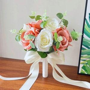 White Bride Wedding Bouquet- Dusty Pink, Silk Rose, Artificial Flowers, Bridal Bridesmaid Holding Flower,  Wedding Accessories