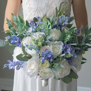 Boho Ivory White And Blue Peony and Roses Bouquet Accents Wedding Boho Bridal Bouquet Ivory Wedding Bouquet Dusty Greenery Flowers Bouquet