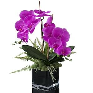 Hot pink artificial orchids in a black cube vase, Faux orchid plant, Artificial orchids in pots, Phalaenopsis orchid plant for home or gift.