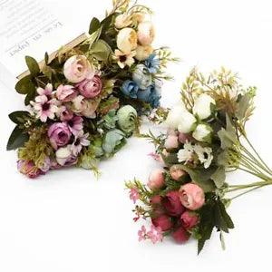 Artificial Tea Roses Flower Bouquets Daisy Peony Wedding Floral Wreaths 12pcs