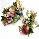 Artificial Tea Roses Flower Bouquets Daisy Peony Wedding Floral Wreaths 12pcs