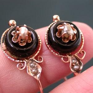 antique vintage victorian french  solid 18k rose gold  black  onyx flowers seed pearls earrings